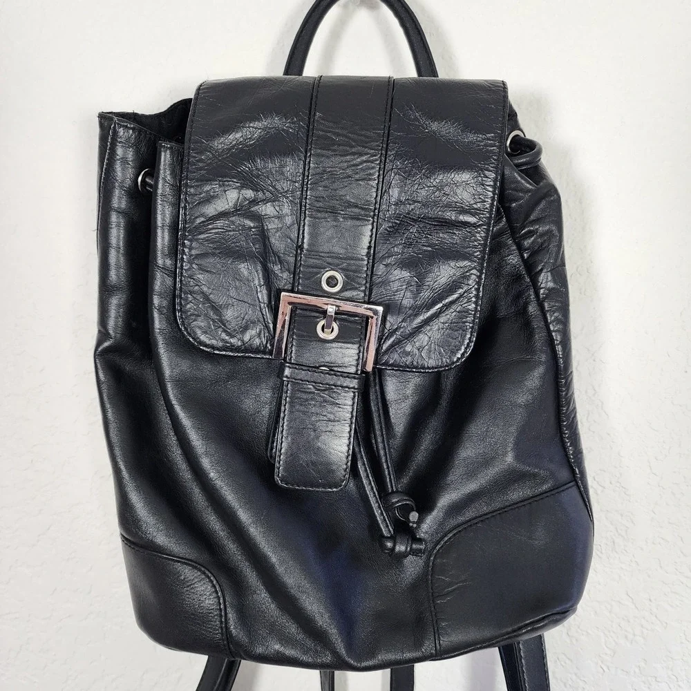 Y2K Streetwear Vintage Goth Distressed Leather Black Back Pack Purse 10'x9